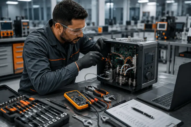 Técnico ajustando equipamento eletrônico avançado