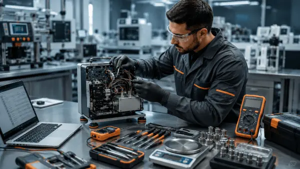 inicio - Técnico em laboratório industrial ajustando dispositivo